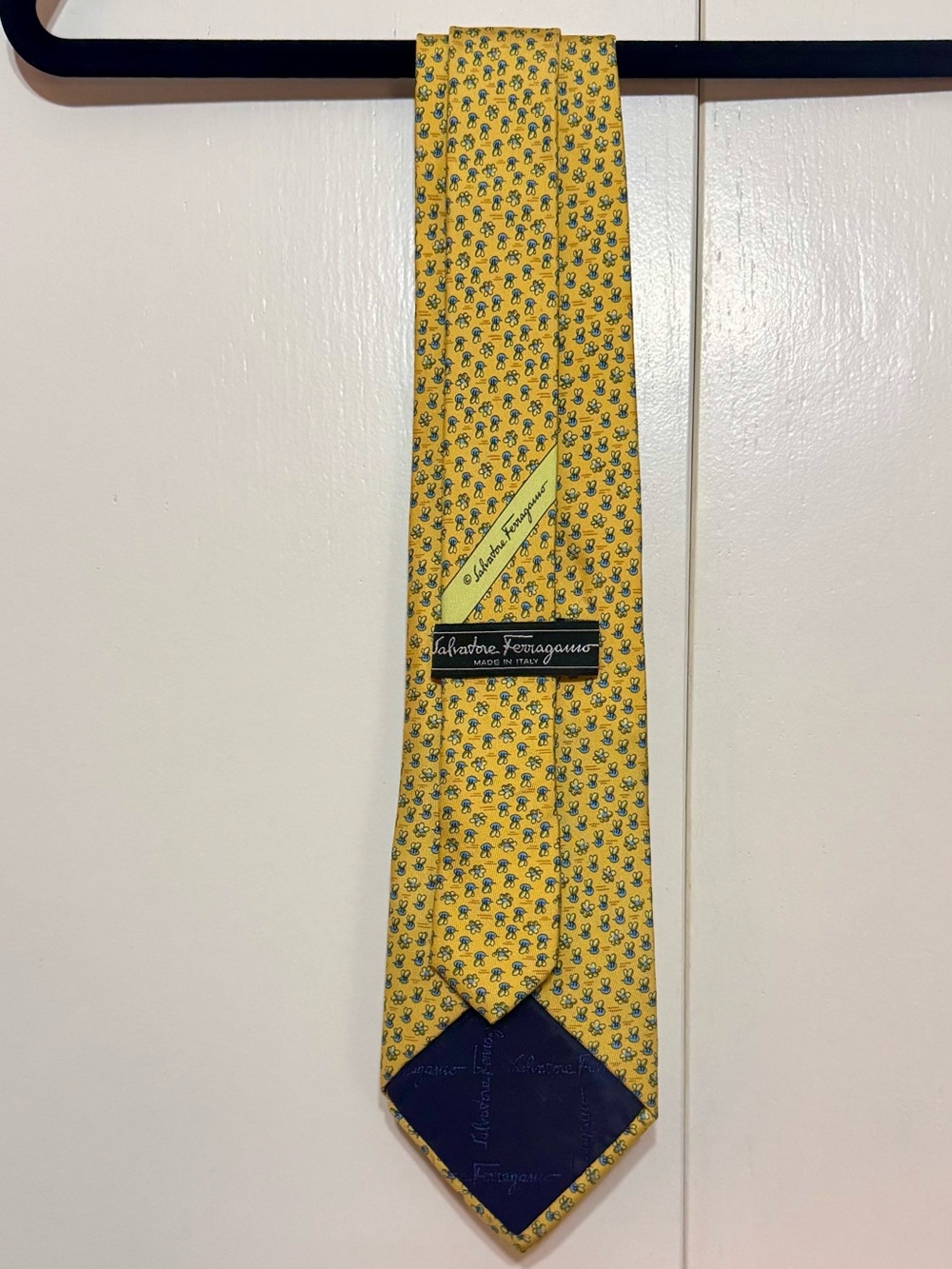 Salvatore Ferragamo Yellow %100 Silk Tie With Blue Bee Motif